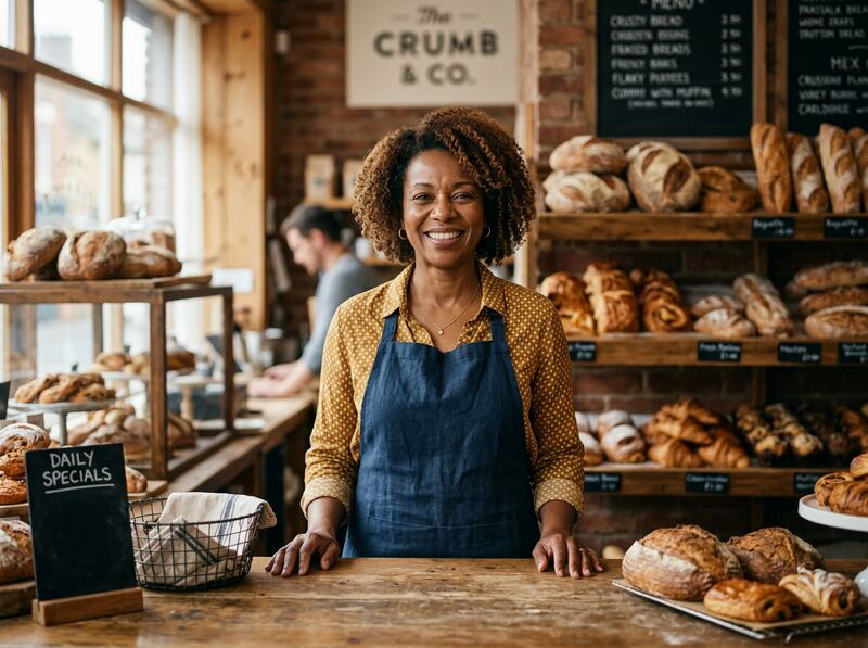Smiling bakery owner behind her counter