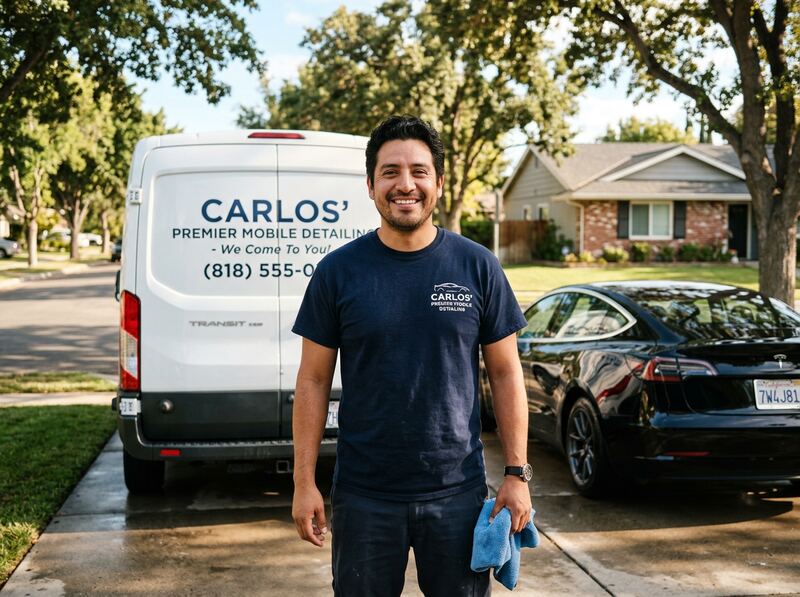 Smiling mobile detailer beside his van