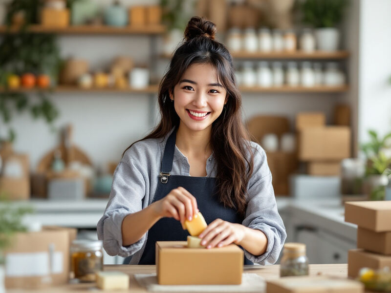Smiling online store owner packing orders